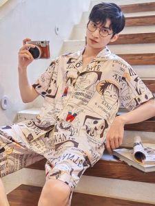 ชุดนอนชายผ้าไหมน้ำแข็งไซส์ใหญ่แขนสั้นฤดูร้อน ชุดอยู่บ้านลายการ์ตูน 2 ชิ้น ทรงหลวม เสื้อผ้าสำหรับใส่อยู่บ้าน ชุดนอนชาย
