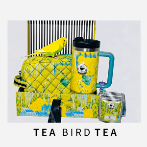 Tea Bird Tea Lemongrass tin canister with colorful floral design and striped lid.