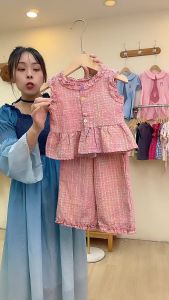 Terno For Kid Girl Pink Short Sleeved Top With Pants Suit Clothes Set Girls Outfits