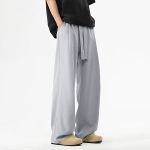 Mens Straight Leg Ice Silk Quick Dry Lightweight Casual Pants Summer New Style Loose Fit Trousers Retro Japanese Style