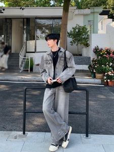 Washed Vintage Denim Jacket And Pants Set Short Padded Shoulder Mens Fashion Spring Outfit Youth Style Long Sleeve Long Trousers