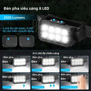 Đèn Pha LED Cảm Biến Chuyển Động Có Thể Sạc Lại Đèn Pha Câu Cá 8 Đèn LED Siêu Sáng Đèn Trán Chống Nước Có Chức Năng Đèn Pin
