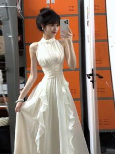 CHANGTONG | French Style Unique Beautiful Date Dress With Lace Trim Hanging Neck Design Elegant Atmosphere Long Skirt Spring Summer Dress