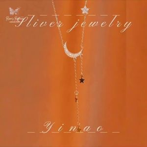 S925 Sterling Silver Star Moon Tassel Necklace for Women Zircon Celestial Pendant Adjustable Clavicle Chain 39+5cm Elegant Gift-RRC