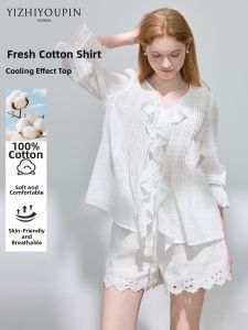 Lace Embroidered Cotton V-Neck Blouse with Puffy Sleeves 100% Cotton