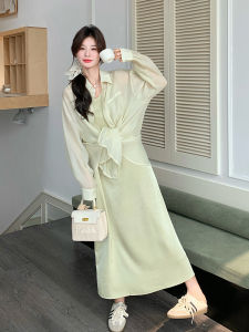 Spring Summer Yellow Green Korean Style Shirt Strap Dress Set Womens Fashion Casual A-Line Skirt Long Sleeve Long Dress