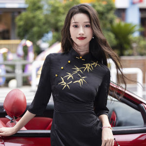 Elegant Chinese New Style Wedding Dress Skirt for Girls Engaging in Daily Wear Artistic Retro Bamboo Design Low Slit Chines