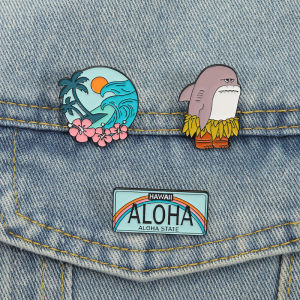 Hawaii ALOHA State Enamel Pins Custom Ocean Wave Beach Shark Brooches Lapel Badges Cartoon Movie Jewelry Gift for Kids Friends
