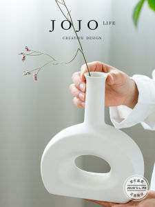 White Ceramic Bamboo Powder Flower Vase Dry Flower Small Fresh Living Room Decoration Accessories Simple Modern Style