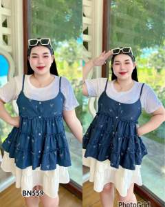 BN559.เสื้อแฟชั่นสาวอวบ งาน2ชิ้นผ้ายีนเทียมลายโบว์ เสื้อยืด+สายเดี่ยว อก 48