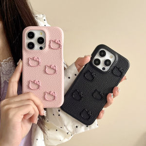 3D Cute Metal Hello Kitty Solid Color Leather Phone Case Compatible for iPhone 16 15 14 13 12 Pro Max 15pro 16promax Big Hole Shock Resistant Back Cover Casing