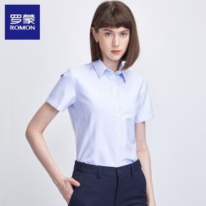 Blue Striped Long Sleeve Business Casual Work Shirt Lormen Womens New Style Iron Free Polyester Rayon Cotton Blend OL Commute