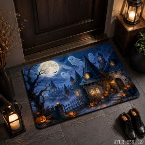 VIKAMA Halloween Castle Pumpkin Doormat Non Slip Spooky Decor Rug Washable Entryway Floor Mat Indoor Outdoor Moon Bat Home Decor