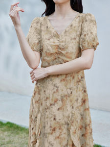 WANGGONGZHU | Floral Print Silk Dress Womens Summer V-neck Midi Skirt Gathered Waist Bubble Sleeve Princess Style Casual Chic Dress