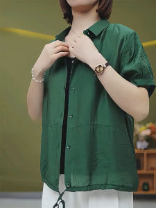 QINGNAER | Oversized Summer Green Lightweight Embroidered Polo Shirt