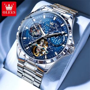 OLEVS jam tangan lelaki waterproof original automatic watch 2025 new top quality tourbillon mechanical movement luminous skeleton starry sky dial design luxury Men Casual Watches