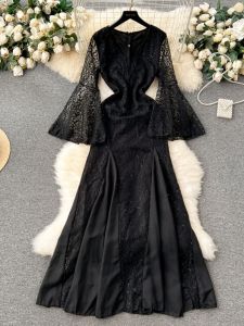 Elegant Lace Evening Dress Womens Luxury Slim Fit Fish Tail Long Skirt High Waist Bell Sleeve Commuter Korean Style Autumn Winter