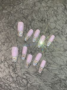 Handmade Full Drill White Flashing Pink Aurora Detachable Wearable Nail Tips French Style Beauty Nail Art False Nails Gel Polish