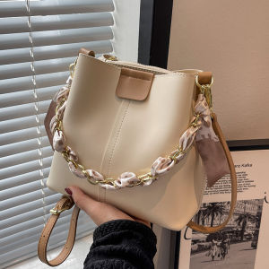 Womens Scarf Chain Decor Bucket Bag Fashion Textured Small Clutch Purse Zipper Shoulder Handbags