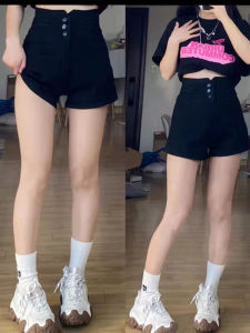 กางเกงขาสั้นยีนส์เอวสูงสีดำสำหรับผู้หญิง ทรงเข้ารูป ทรงเอ ใส่สบาย สำหรับฤดูร้อน กางเกงขาสั้นทรงเอเอวสูง สำหรับผู้หญิงไซส์ใหญ่