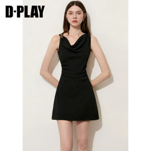 D-PLAY | V-Neck Metal Embellished Puffed Waist Black Dress