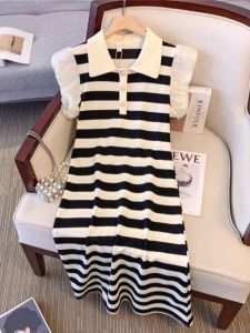 Contrast-Color Doll Collar Stripes Puff Sleeve Dress Womens Summer Plus Size Plus Size Ladies Fashion Western Style Youthful-Looking Slimming Dress
