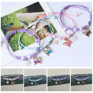 Handmade Butterfly Pendant Bracelet 2023 New Cartoon Butterfly Flower Bracelet For Girls Summer Lucky Adjustable Woven Friendship Bracelet Jewelry For Women Teen Girls (Pink/Purple/Blue)