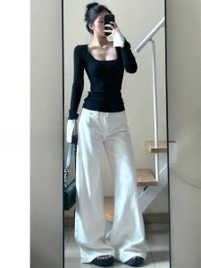 High-Waist Wide-Leg Denim Jeans for Women Extended Length in Light Color Loose Style for Autumn Season