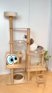 Greenpets Large Cat Tree Double Space Capsule Multi-Level Fun with Stable & Multi-Level Durable Sisal Posts for Scratching Cozy Cuddle for Rest Natural Wood Design