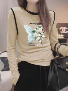 Warm Fleece Long Sleeve Womens T-shirt Color Block Shoulder Line Butterfly Print Base Shirt Commute Style Korean Version