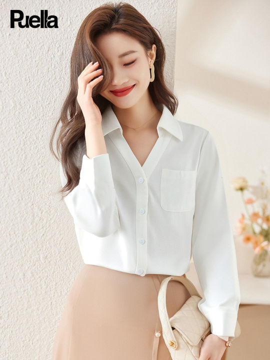 Puella | เสื้อเชิ้ตแขนยาวสีขาวมีโบว์สำหรับการเดินทางไปทำงาน | Lazada.co.th