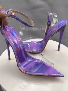 Summer New Fairy Style Transparent High Heels Thin Heel Pointed Toe Electric Light PVC Sandals Womens Crystal Purple High Heels
