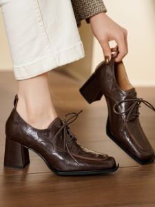 Deep Mouth Leather Single Shoes for Women Spring Autumn New Style Square Head Thick Heel High Heel Versatile British Style Shoes
