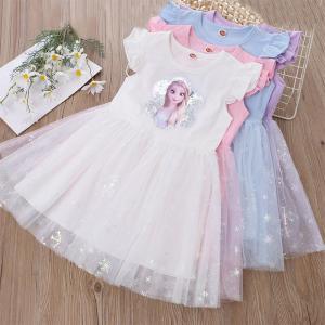 Elsa Princess Short Sleeve Dress Sparkling Fly Sleeve Cute Childrens Summer Clothing Soft Cotton Polyester Polo Skirt for Girls