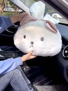 Car Headrest Pillow Universal Cartoon Rabbit Lumbar Waist Support Backrest Plush Cushion Safety Seat Belt Shoulder Cover Pad Car Accessories