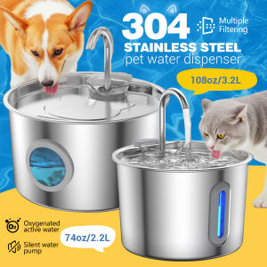 2.2L/3.2L Stainless Steel Pet Water Fountain For Dog Cat Water Dispenser Auto Drinking Fountain with Quiet Pump Cat Water Bowl