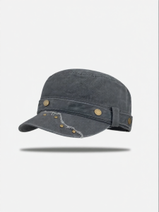 New Retro Denim Washed Rivet Flat Brim Cap Flattering Small Face