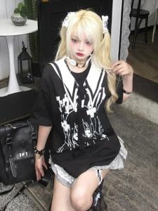 Y2K Trendy Short Sleeve T-Shirt Loose Fit Naval Collar Design Printed Casual Top for Women Summer Fashion Student Ensemble