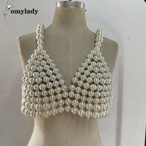 มือเย็บลูกปัดมันวาวสูงคอ V ไม่ยืดโซ่โลหะปรับด้านบนผู้หญิงที่สง่างามฤดูร้อนnewไข่มุก