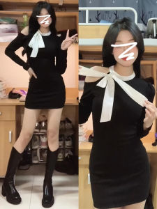 Elegant Black Knitted Dress Womens Spring Fashion High Waist Butterfly Knot Slimming Base Layer Short Skirt by SOUDORYA