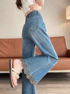 Chinese Style Embroidery High Waisted Flare Jeans