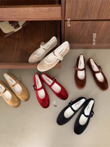 Retro Flat Velvet Mary Jane Single Shoes Fairy Shoes 2025 New Spring Autumn Winter Red Gentle Evening Shoes Fashionable Flats