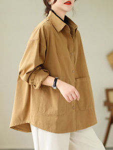 ลำลอง ผ้าฝ้าย Blend เสื้อแจ็คเก็ตสั้นแขนสั้น ผู้หญิง หลวม Fit เสื้อโค้ท ปุ่มเดียวปิดแขนยาวความหนาปกติสีบริสุทธิ์