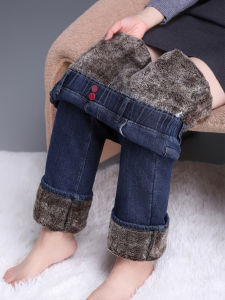 Quần Jeans Denim Ống Thẳng Lót Lông Cừu Cạp Cao Dày Dặn Cho Nữ Quần Dài Thường Ngày Thu Đông 2024 Quần Jeans Denim