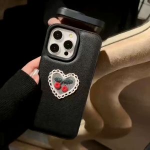 3D รักเชอร์รี่สีดำกรณียากสำหรับ iPhone 11 11PROMAX 12 13 14 15 PRO MAX ปลอกสำหรับ iphone13กรณี