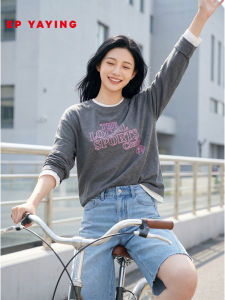 EP YAYING | Áo Thun Dài Tay Co Dãn Cotton Đơn Giản Cổ Tròn Vai Rơi