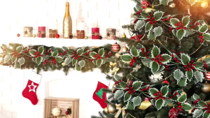 2M Artificial Red Berries Leaf Vine with Light Poinsettia Foliage Rattan Garland Christmas DIY Wreath Door Window Table Stair Decor Xmas Tree Hanging Ornaments