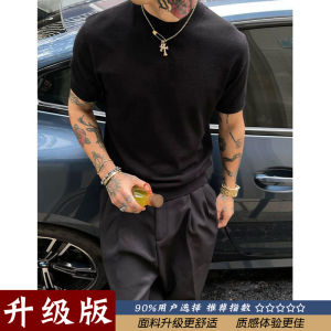 Heavyweight 300g Black Short Sleeve Mens Cleanfit American Style Small Collar Shoulder T-shirt Pure Cotton Half Sleeve