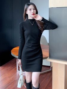 Womens Mid-Length A-Line Dress Black Slim-Fit Wrap Bodycon Base Layer Half-High Collar Inner Wear Autumn Winter New Style
