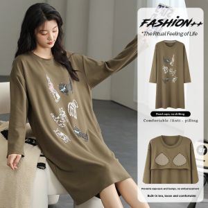 Miiow | Cat Woman Cotton Sleep Dress Womens Spring Autumn Casual Wearable Home Clothes Nightgown With Chest Pad Round Neck Long Sleeve